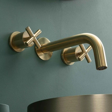JTP Wall Mounted Basin Tap Brushed Brass JTP Solex 3 Hole Wall Mounted Basin Mixer Tap