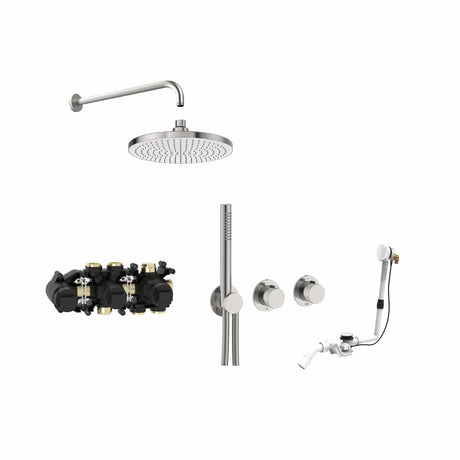 Roca Concealed Shower Set Stainless Steel Effect Roca T-Multi Thermostatic Concealed Shower Valve with Rainshower Head, Pencil Handset and Overflow Bath Filler