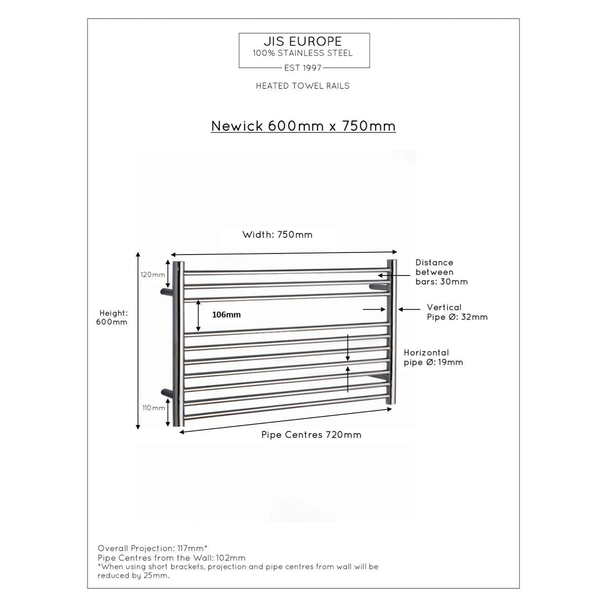 JIS Ladder Rail JIS Sussex Newick Horizontal Stainless Steel Heated Towel Rail