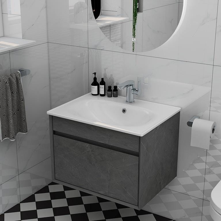 Imex Wall Mounted Vanity Unit Grey Marble Imex Alma Wall Mounted Single Drawer 600mm Vanity Unit with Basin