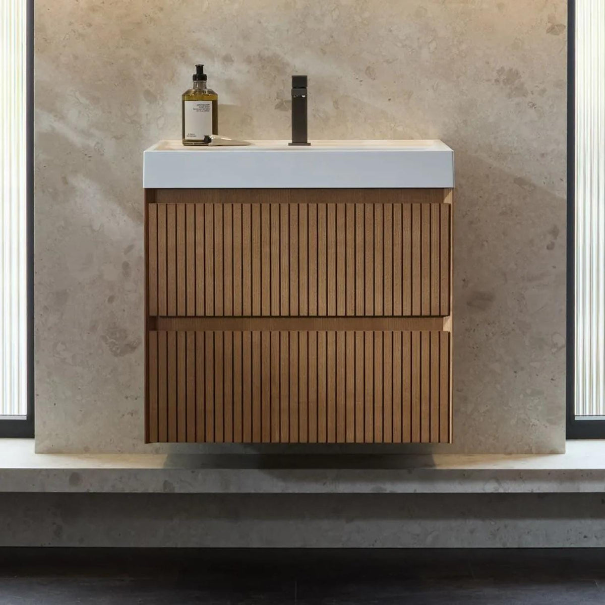 Vado Wall Mounted Vanity Unit Classic Oak / 600mm Vado Groove Fluted Wall Mounted Two Drawer Vanity Unit with Basin