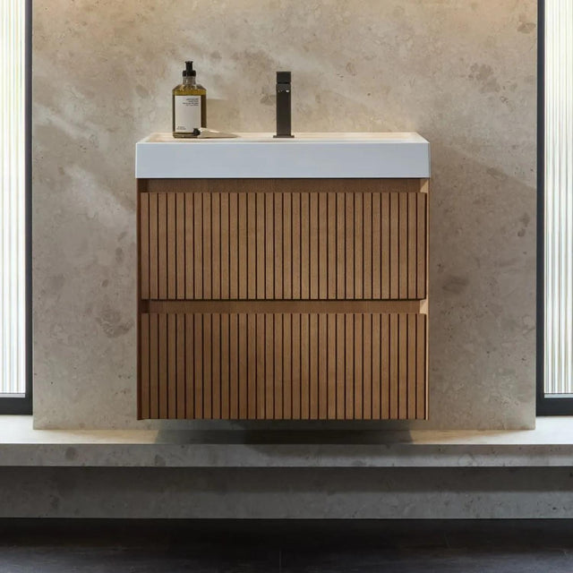 Vado Wall Mounted Vanity Unit Classic Oak / 600mm Vado Groove Fluted Wall Mounted Two Drawer Vanity Unit with Basin