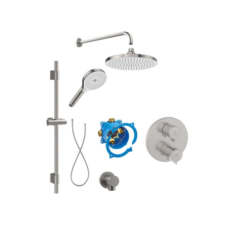 Roca Concealed Shower Set Stainless Steel Effect Roca T-500 Round Thermostatic Concealed Shower Valve with Rainshower Head, Shower Handset and Slide Rail Set