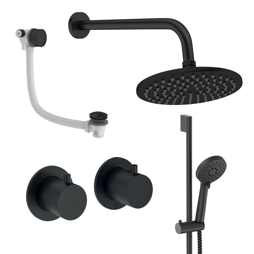 UK Bathroom Store Concealed Shower Set Matt Black / Wall Arm / 200mm Crosswater Module Shower Set 7 - 3 Outlet with Riser Rail Kit, Overhead Shower and Overflow Bath Filler