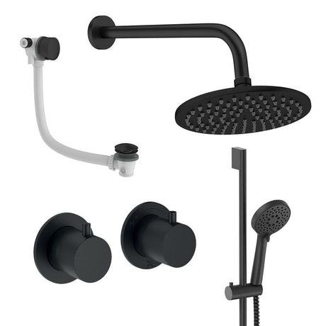 UK Bathroom Store Concealed Shower Set Matt Black / Wall Arm / 200mm Crosswater Module Shower Set 7 - 3 Outlet with Riser Rail Kit, Overhead Shower and Overflow Bath Filler
