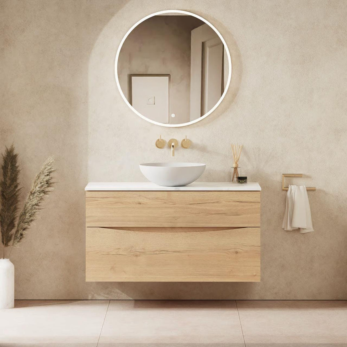 Crosswater Wall Mounted Vanity Unit 1000mm / Windsor Oak / Carrara Marble Effect Crosswater Glide II Wall Mounted Two Drawer Vanity Unit with Worktop