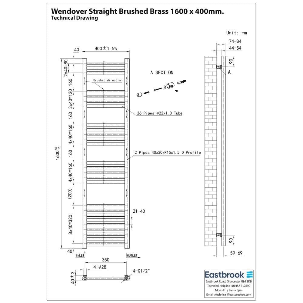 Eastbrook Wendover Straight Heated Towel Rail in Brushed Brass