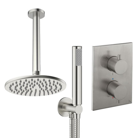 UK Bathroom Store Concealed Shower Set Brushed Nickel / Ceiling Arm / 200mm Crosswater Crossbox Shower Set 3 - 2 Outlet with Pencil Handset and Fixed Overhead Shower