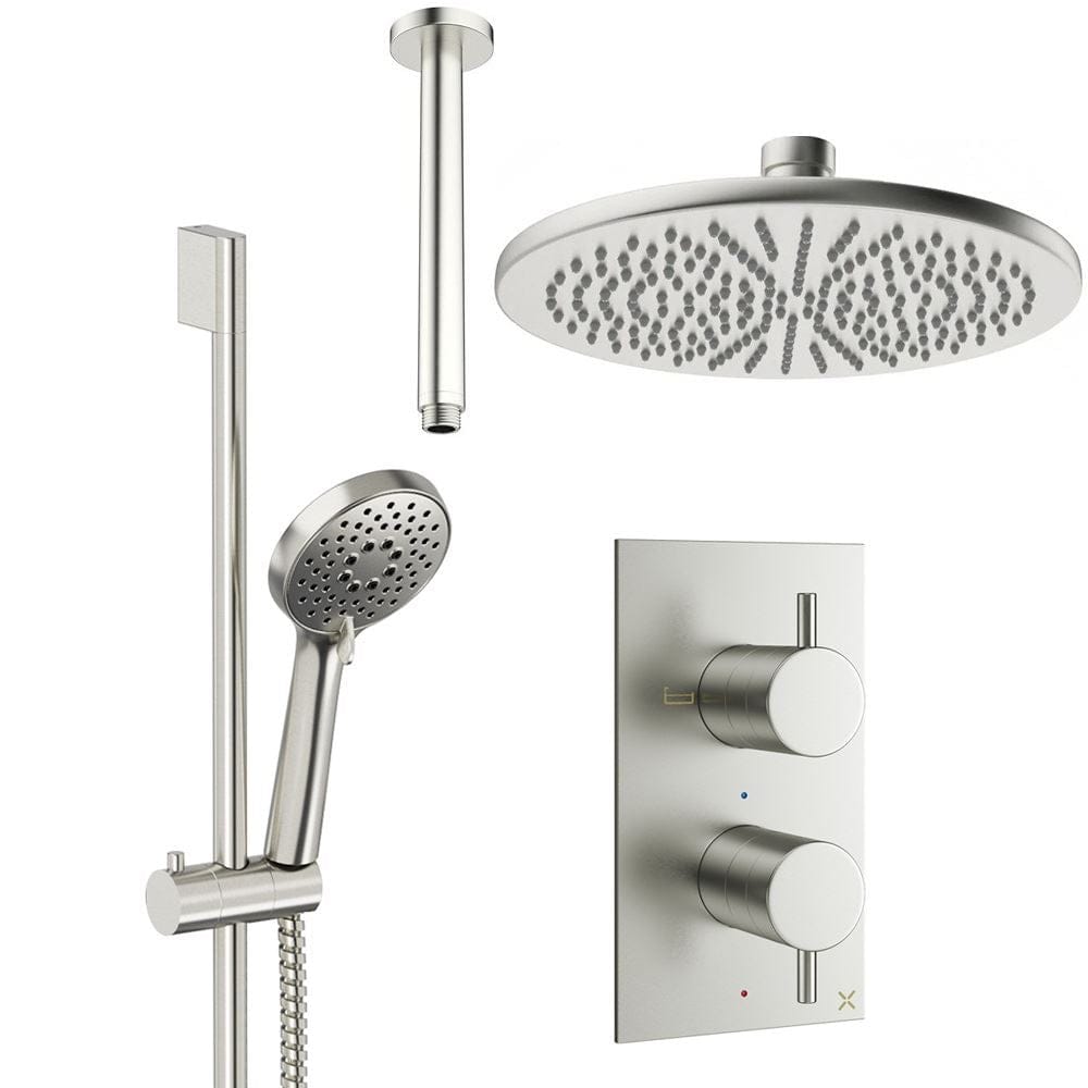 Crosswater Concealed Shower Set Brushed Nickel / Ceiling Arm / 300mm Crosswater Design 2 Handle 2 Outlet Shower Set 4 with Rainfall Head and Slide Rail Kit