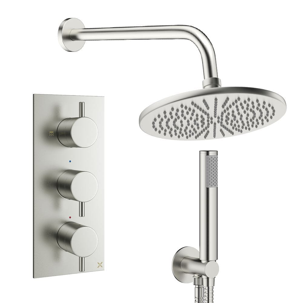 Crosswater Concealed Shower Set Brushed Nickel / Wall Arm / 300mm Crosswater Design 3 Handle 2 Outlet Shower Set 7 with Pencil Handset and Rainfall Shower Head