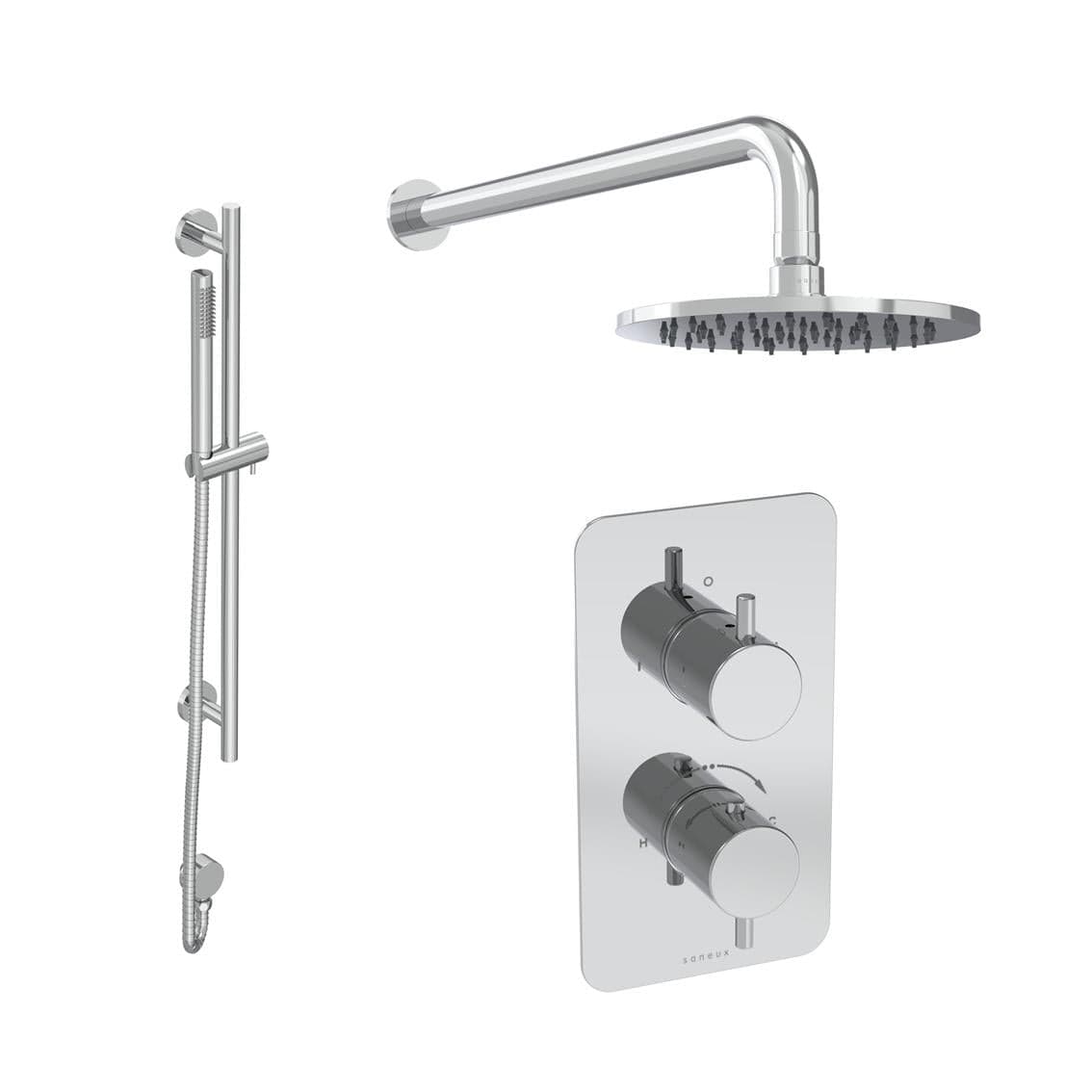 Saneux Concealed Shower Set Chrome Saneux COS 2 Outlet, 2 Handle Concealed Shower Valve Kit with Pencil Handset, Shower Head and Slider Rail