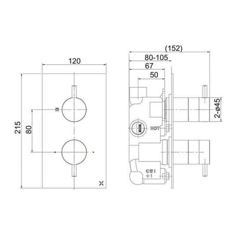 Crosswater Concealed Shower Valve Crosswater MPRO 1 Outlet, 2 Handle Concealed Thermostatic Shower Valve in Chrome