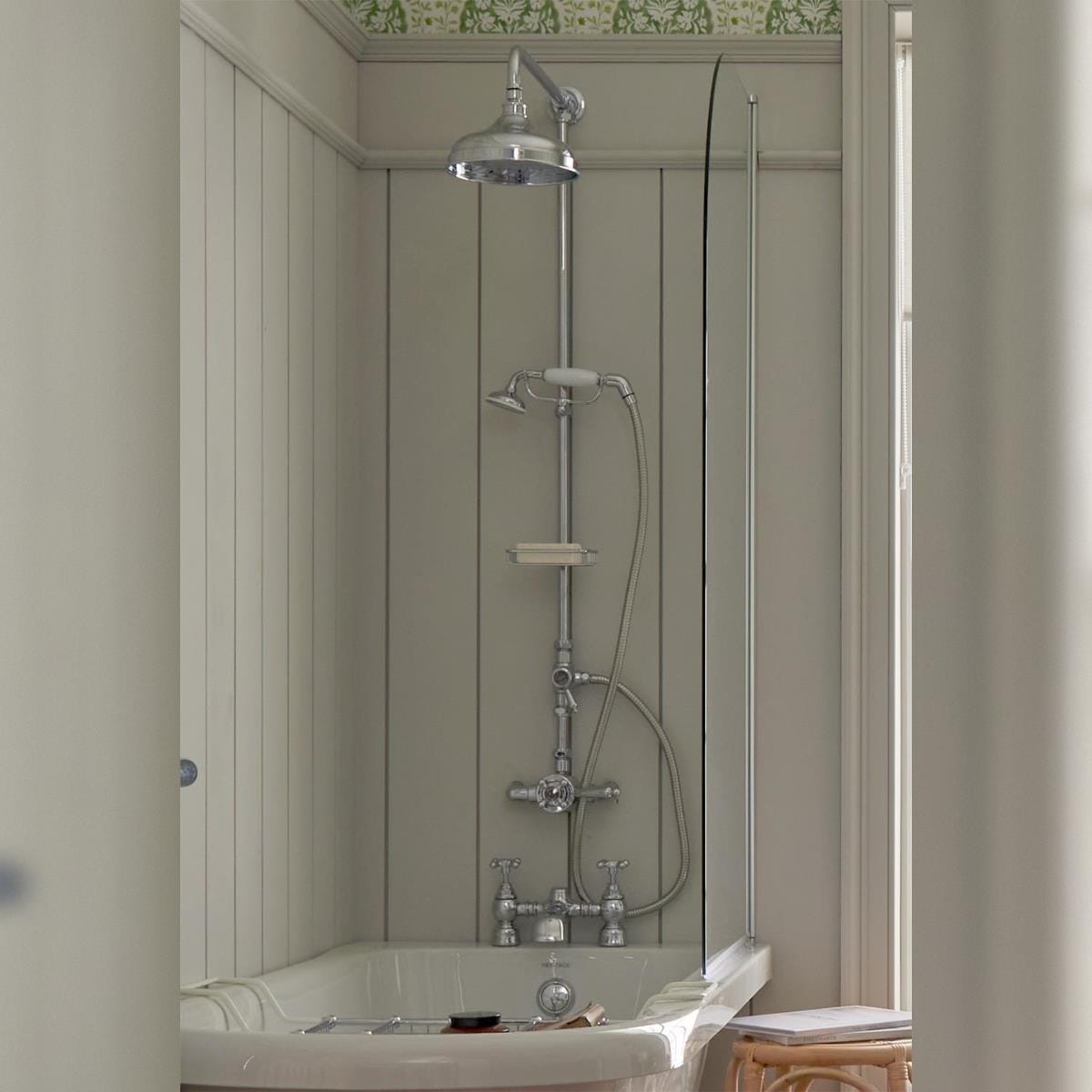 Heritage Exposed Shower Set Heritage Trinity Exposed Thermostatic Shower Valve with Shower Head and Fixed Riser Rail Set in Chrome