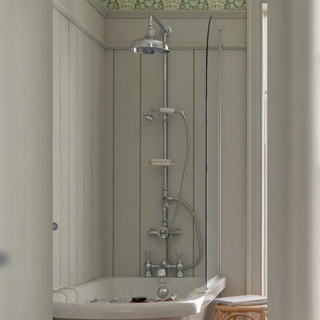 Heritage Exposed Shower Set Heritage Trinity Exposed Thermostatic Shower Valve with Shower Head and Fixed Riser Rail Set in Chrome