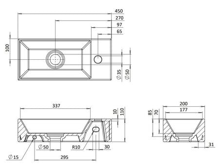Crosswater Cloakroom Basin Crosswater Beck Cloakroom Basin with Waste – 450 x 200mm – 1 Tap Hole in Matt White
