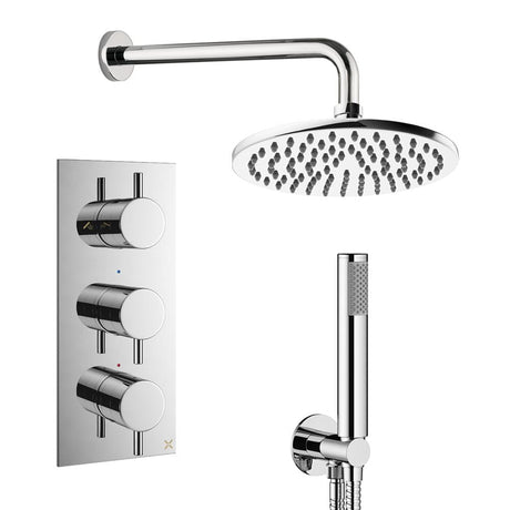 Crosswater Concealed Shower Set Chrome / Wall Arm / 200mm Crosswater Design 3 Handle 2 Outlet Shower Set 7 with Pencil Handset and Rainfall Shower Head