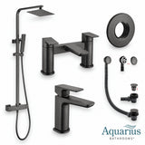 Aquarius Bathrooms Exposed Shower Set Gun Metal Grey Aquarius Hydro Complete Shower Brassware Pack with Basin Mixer, Bath Mixer & Round Exposed Shower
