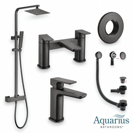 Aquarius Bathrooms Exposed Shower Set Gun Metal Grey Aquarius Hydro Complete Shower Brassware Pack with Basin Mixer, Bath Mixer & Round Exposed Shower