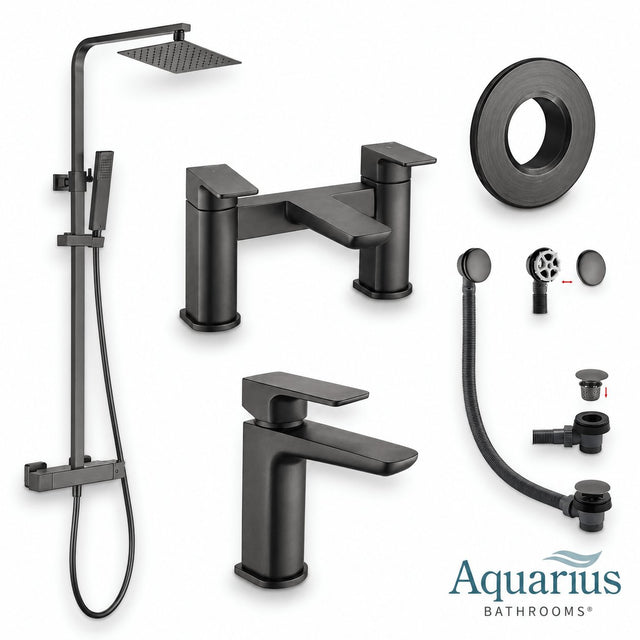 Aquarius Bathrooms Exposed Shower Set Gun Metal Grey Aquarius Hydro Complete Shower Brassware Pack with Basin Mixer, Bath Mixer & Round Exposed Shower