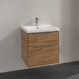 Villeroy & Boch Wall Mounted Vanity Unit Oak Kansas with Chrome Handles Villeroy & Boch Subway 3.0 Wall Hung 600mm Two Drawer Vanity Unit with Basin