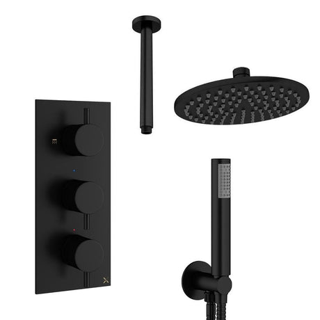 Crosswater Concealed Shower Set Matt Black / Ceiling Arm / 200mm Crosswater Design 3 Handle 2 Outlet Shower Set 7 with Pencil Handset and Rainfall Shower Head