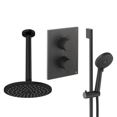 UK Bathroom Store Concealed Shower Set Matt Black / Ceiling Arm / 200mm Crosswater Crossbox Shower Set 4 - 2 Outlet with Riser Rail Kit and Fixed Overhead Showerhead