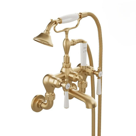Vado Bath Shower Mixer Brushed Brass/Crackled White Booth & Co. Axbridge Lever Wall Mounted Bath Shower Mixer with Traditional Shower Handset