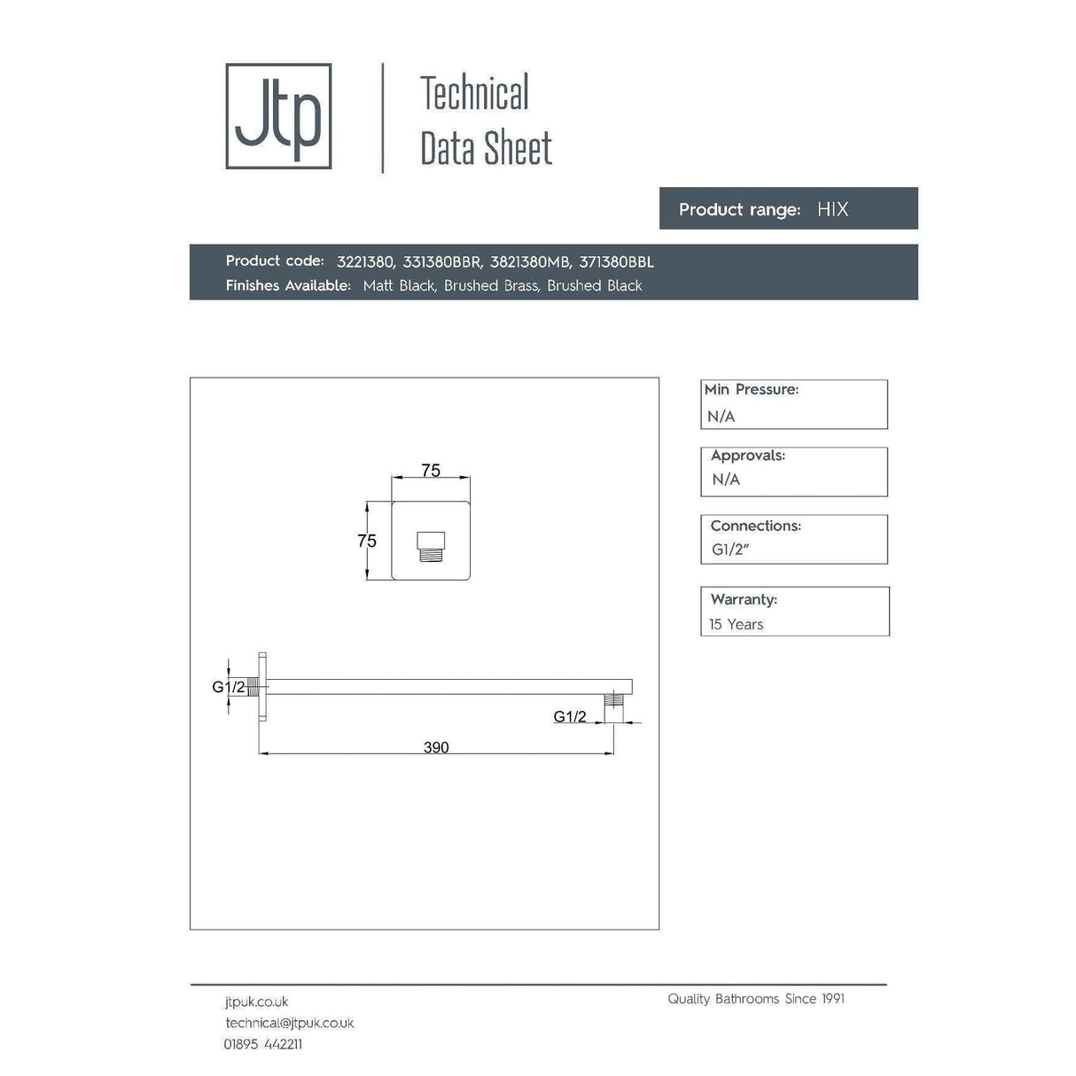 JTP Fixed Shower Arm JTP HIX Wall Mounted Shower Arm