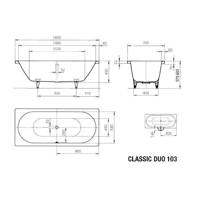 Kaldewei Double Ended Bath 1600 x 700mm Kaldewei Classic Duo Double Ended Steel Bath with Leg Set