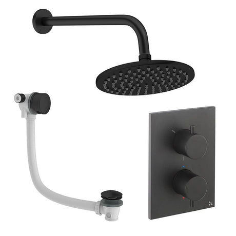 UK Bathroom Store Concealed Shower Set Matt Black / Wall Arm / 200mm Crosswater Crossbox Shower Set 7 - 2 Outlet with Fixed Overhead Shower and Overflow Bath Filler Waste