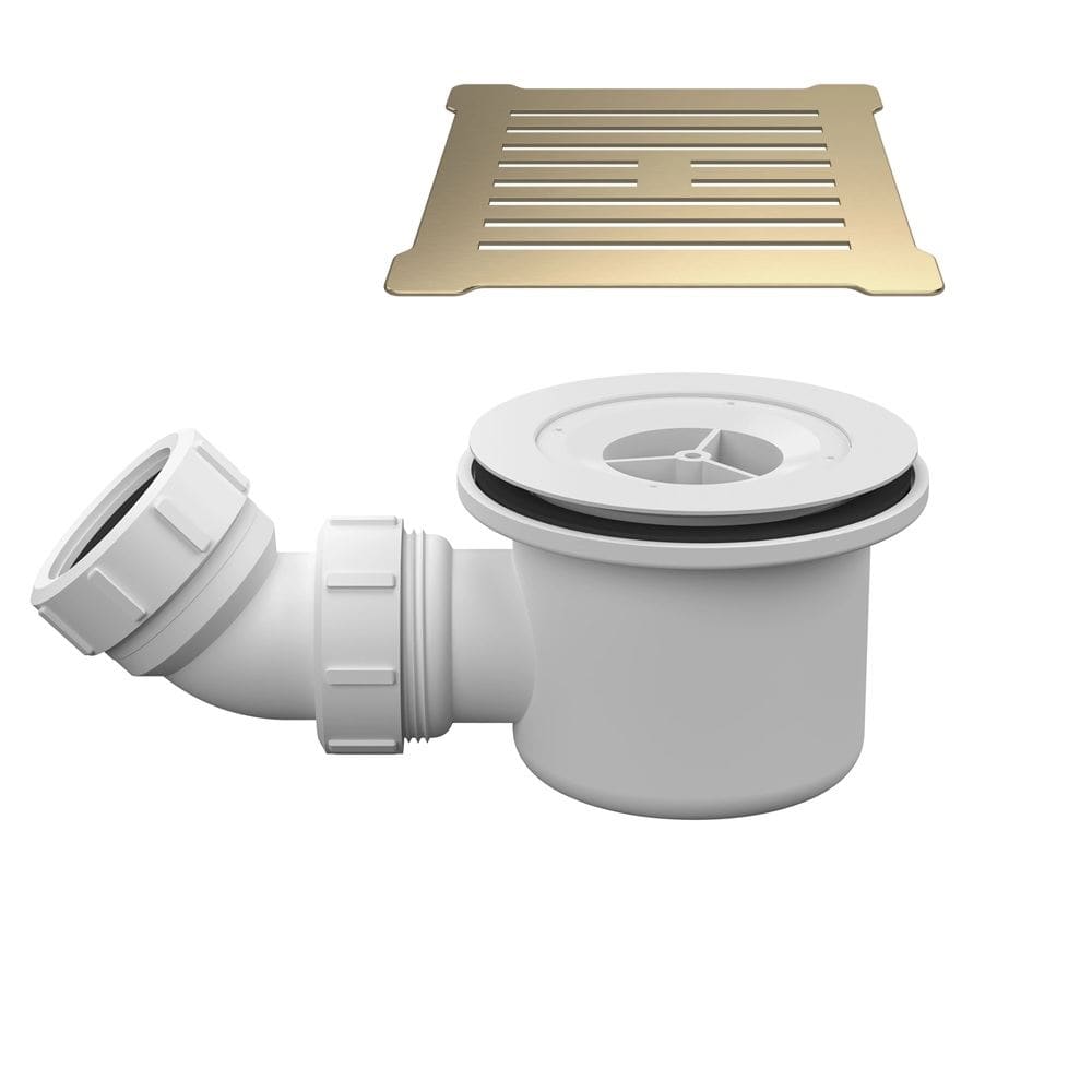 Aquarius Shower Tray Waste Brushed Brass / White Aquarius Urbano 90mm Shower Waste with Square Grill for 32mm Slimline Trays