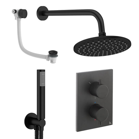 UK Bathroom Store Concealed Shower Set Matt Black / Wall Arm / 200mm Crosswater Crossbox Shower Set 9 - 3 Outlet with Fixed Overhead Shower,Pencil Handset and Overflow Bath Filler Waste