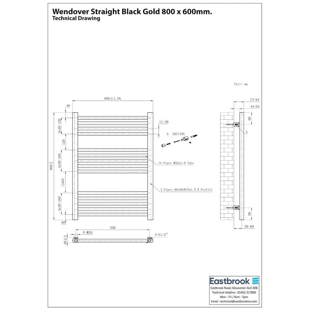 Eastbrook Ladder Rail Eastbrook Wendover Straight Heated Towel Rail in Black Gold