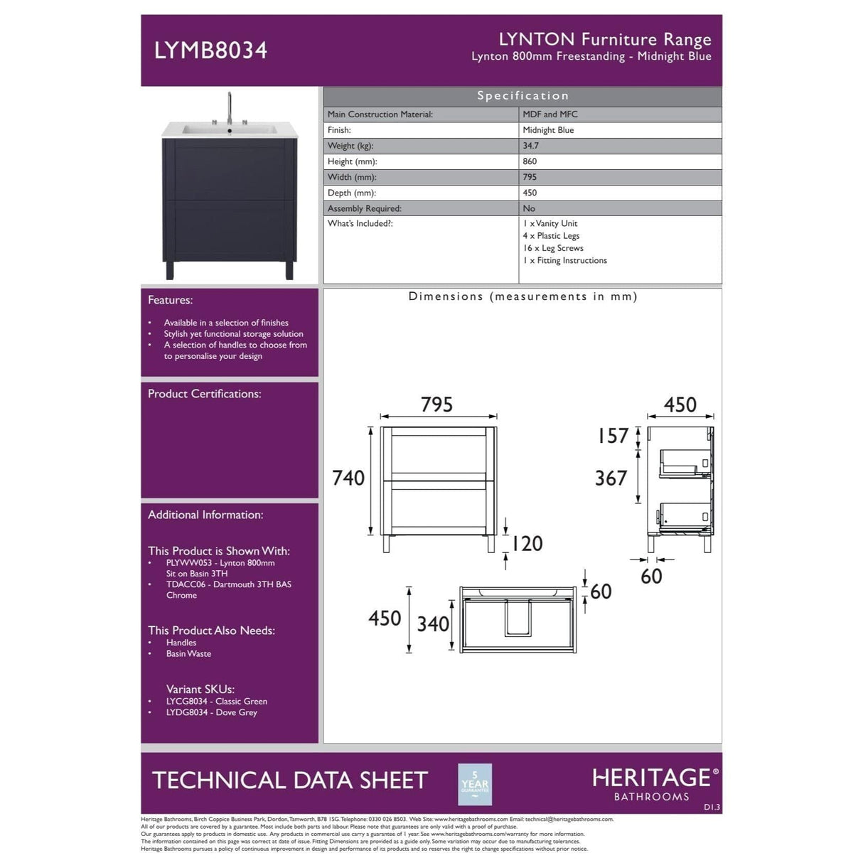 Heritage Floor Standing Vanity Unit Heritage Lynton 800mm Floor Standing Unit with Basin