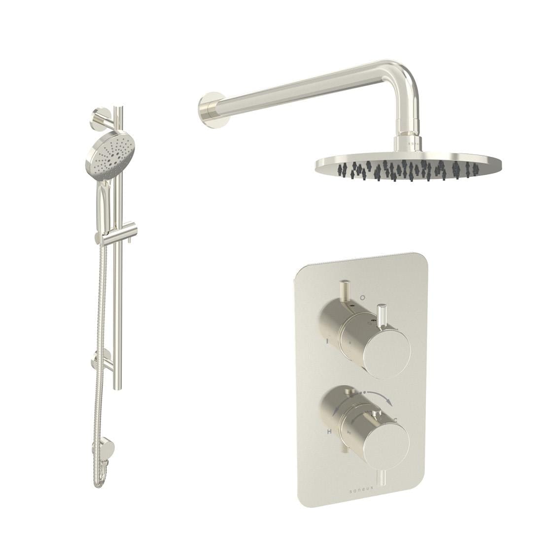 Saneux Concealed Shower Set Brushed Nickel Saneux COS 2 Outlet, 2 Handle Concealed Shower Valve Kit with 3 Function Handset, Shower Head and Slider Rail
