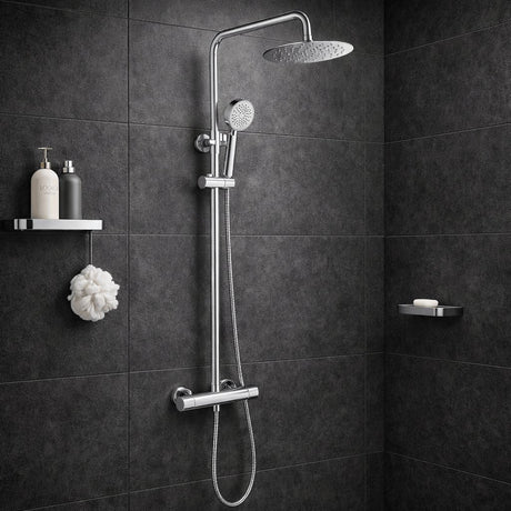 Aquarius Bathrooms Exposed Shower Set Chrome Aquarius RainLux Cool Touch Adjustable Round Exposed Shower Valve and Kit