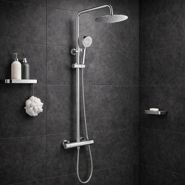 Aquarius Bathrooms Exposed Shower Set Chrome Aquarius RainLux Cool Touch Adjustable Round Exposed Shower Valve and Kit