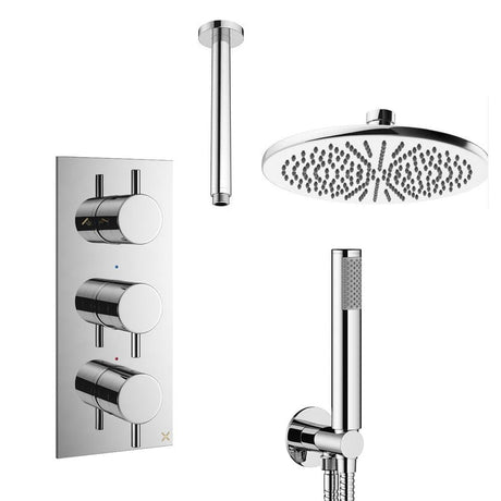 Crosswater Concealed Shower Set Chrome / Ceiling Arm / 300mm Crosswater Design 3 Handle 2 Outlet Shower Set 7 with Pencil Handset and Rainfall Shower Head