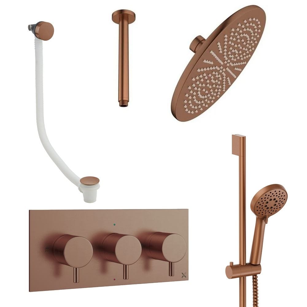 Crosswater Concealed Shower Set Brushed Bronze / Ceiling Arm / 300mm Crosswater Design 3 Handle 3 Outlet Shower Set 9 with Slide Rail Kit, Rainfall Head and Overflow Bath Filler