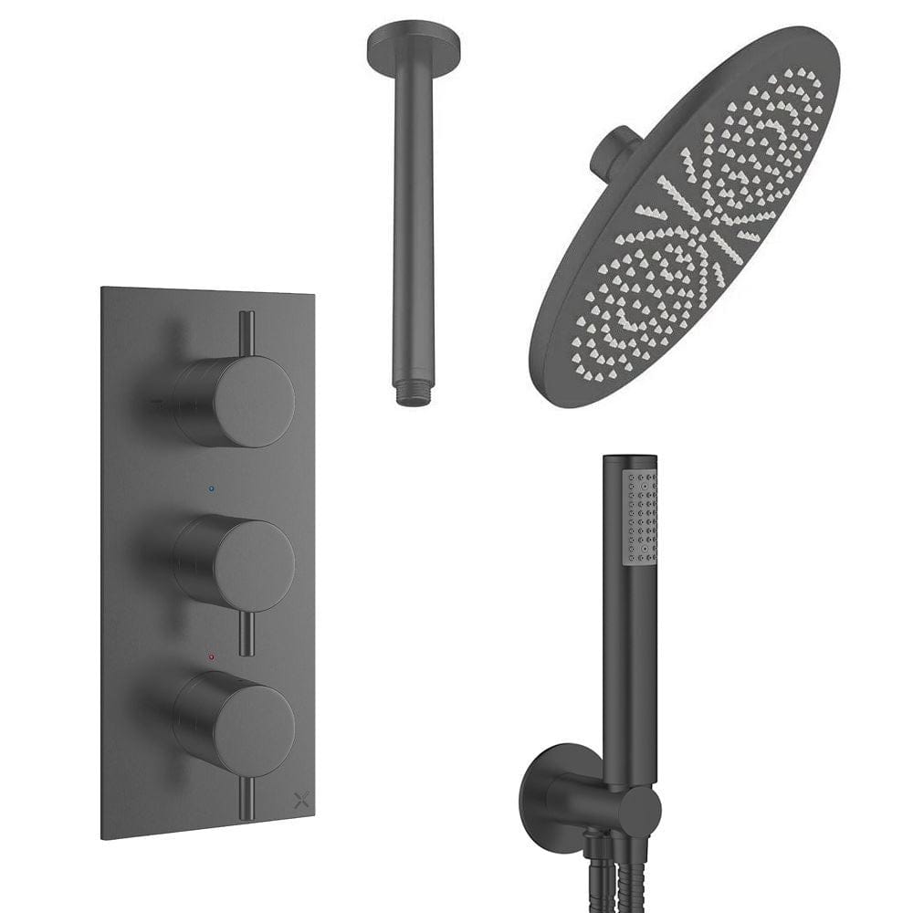 Crosswater Concealed Shower Set Slate / Ceiling Arm / 300mm Crosswater Design 3 Handle 2 Outlet Shower Set 7 with Pencil Handset and Rainfall Shower Head