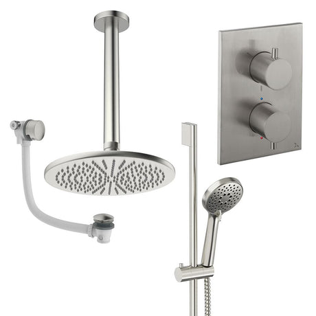 UK Bathroom Store Concealed Shower Set Brushed Brass / Ceiling Arm / 300mm Crosswater Crossbox Shower Set 10 - 3 Outlet with Fixed Overhead Shower, Slide Rail Kit and Overflow Bath Filler Waste