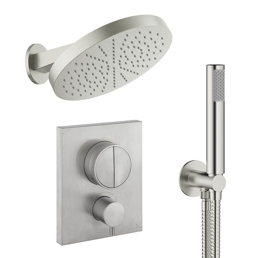 UK Bathroom Store Concealed Shower Set Brushed Nickel Crosswater Crossbox Push Shower Set 6 - 2 Outlet with Revive Steel Overhead Shower and Pencil Handset