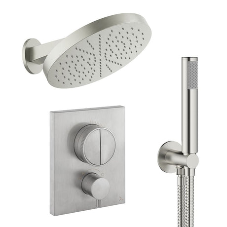 UK Bathroom Store Concealed Shower Set Brushed Nickel Crosswater Crossbox Push Shower Set 6 - 2 Outlet with Revive Steel Overhead Shower and Pencil Handset