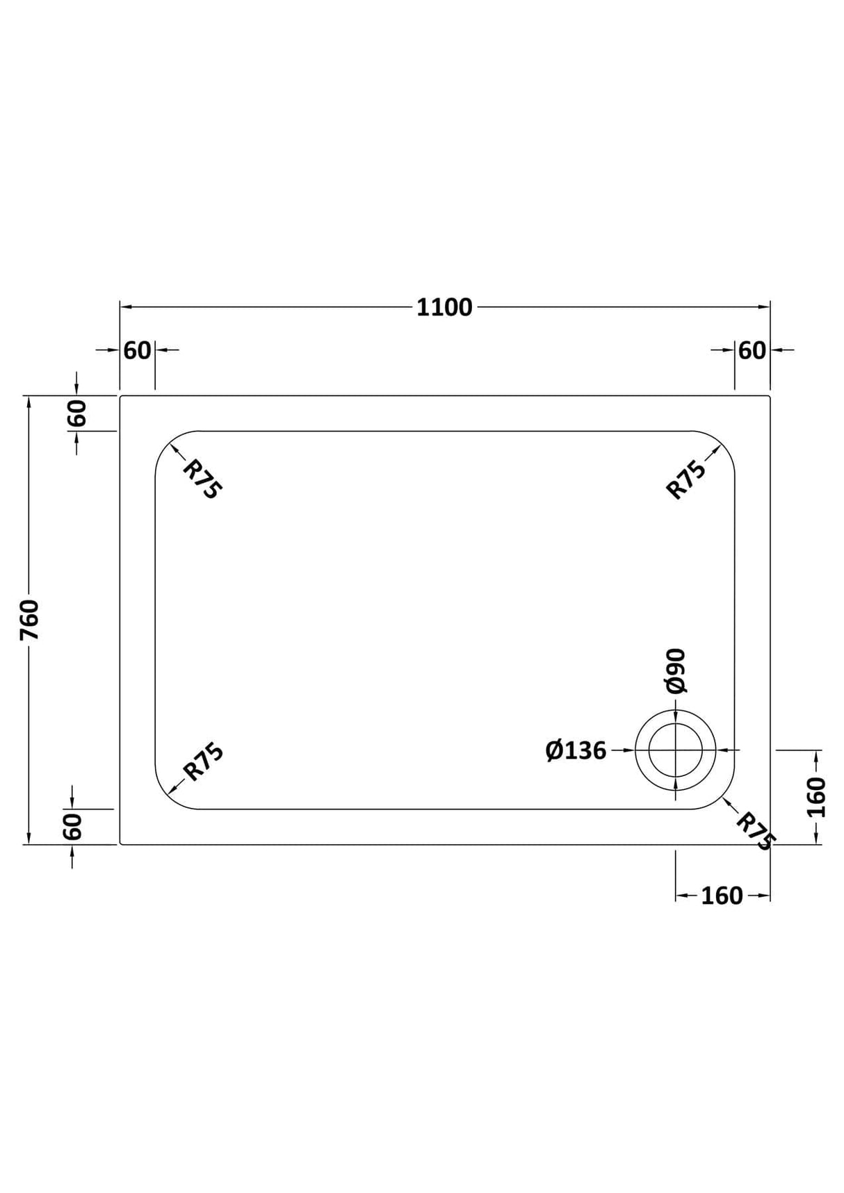 Aquarius Bathrooms Rectangle Shower Tray 1100x760mm Aquarius Urbano Rectangular 45mm Stone Resin Shower Tray in White
