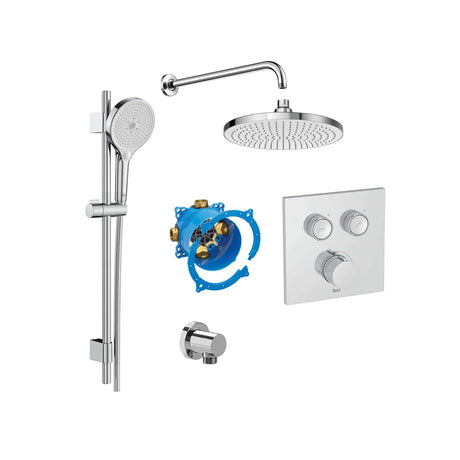 Roca Concealed Shower Set Chrome Roca T-3000 Square Switch Thermostatic Concealed Shower Valve with Rainshower Head, Shower Handset and Slide Rail Set