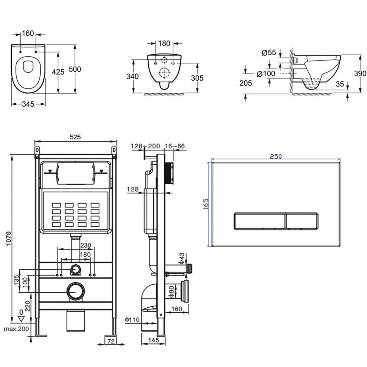 Imex Ivo Rimless Wall hung Toilet Pack with Frame, Flush Plate, and Soft Closing Seat