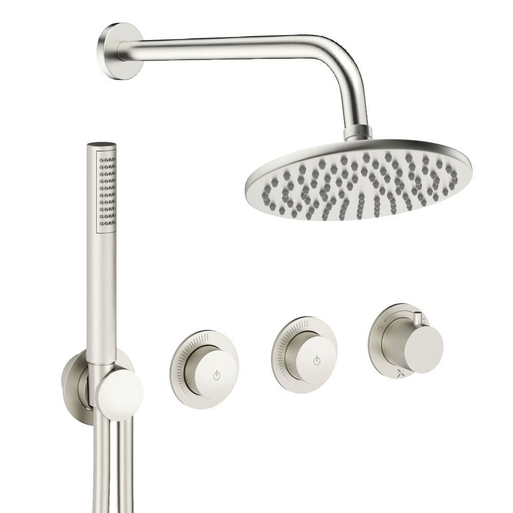 UK Bathroom Store Concealed Shower Set Brushed Nickel / Wall Arm / 200mm Crosswater Module Shower Set 8 - 2 Outlet with Pencil Handset and Overhead Shower