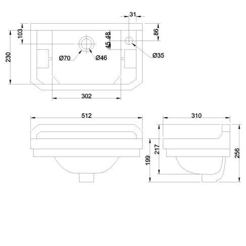 Burlington Cloakroom Basin Burlington Edwardian Wall Hung Cloakroom Basin - 510mm Wide - 1 Tap Hole Right - White