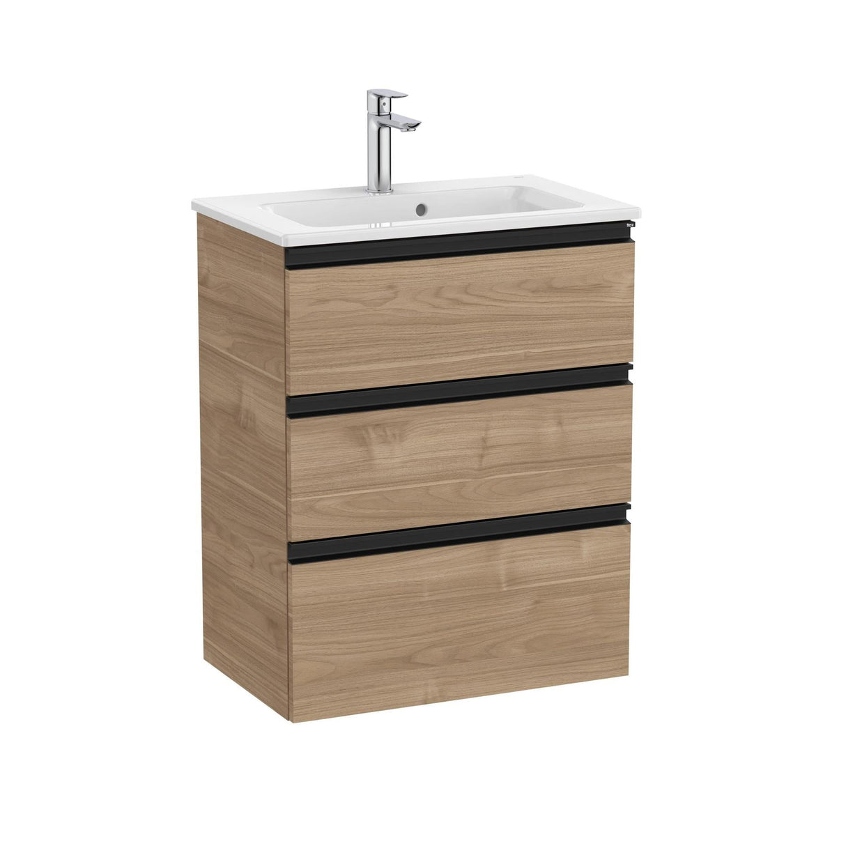 UK Bathroom Store Walnut Roca The Gap Compact Wall Mounted 600mm Three Drawer Vanity Unit with Basin
