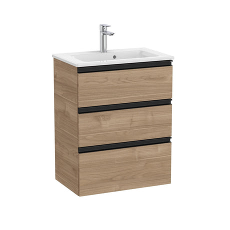 UK Bathroom Store Walnut Roca The Gap Compact Wall Mounted 600mm Three Drawer Vanity Unit with Basin